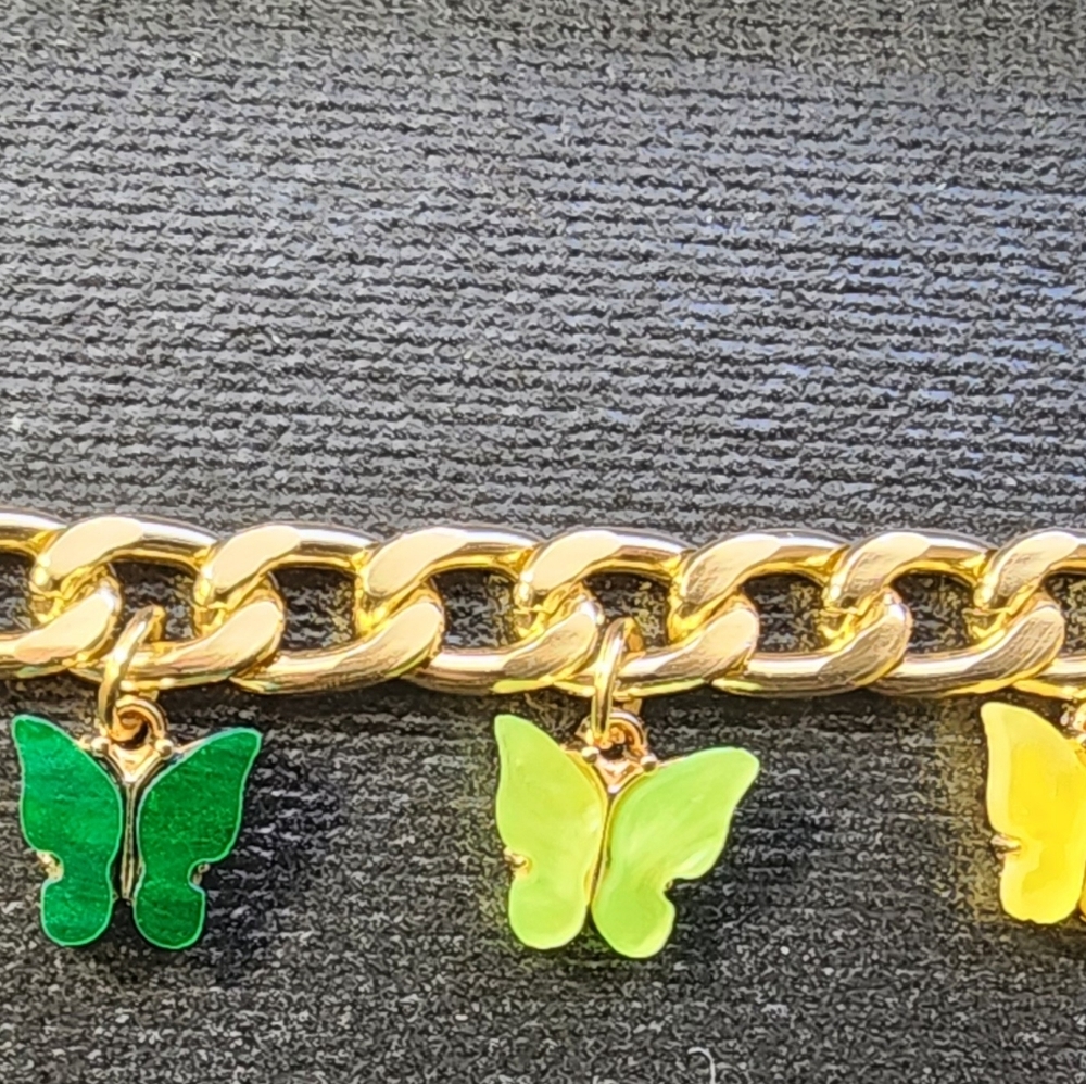 Hand Crafted Gold Chain and Green-Yellow Butterfly Charms - Picture 3 of 10